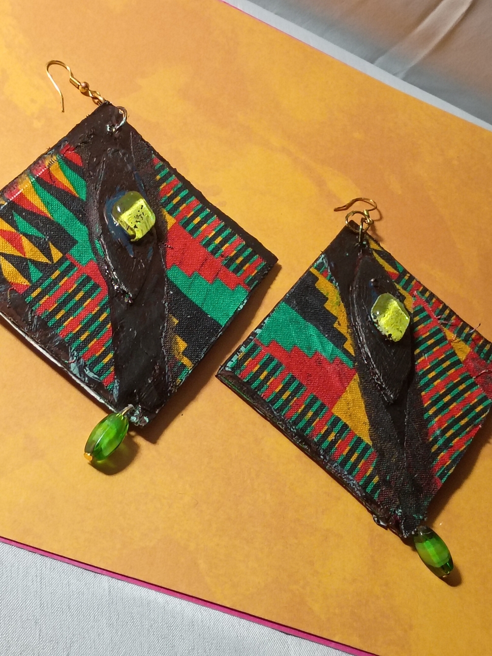 Handmade Multicolor African Print Statement Earrings with Green Beads